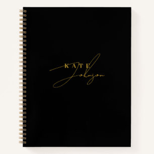 Stilvolles schwarzes Gold-Signatur-Script-Monogram Notizbuch