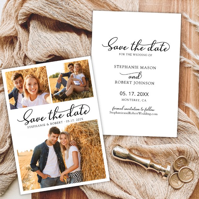 Stilvolles Script 3 Foto Collage Wedding Save The Date (Von Creator hochgeladen)