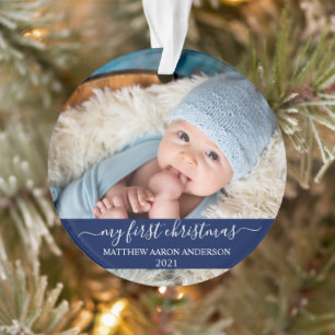 Stilvolles Script Blue My First Christmas Baby Ornament