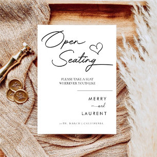 Stilvolles Script Heart Open Seating Wedding Sign Sockelschild