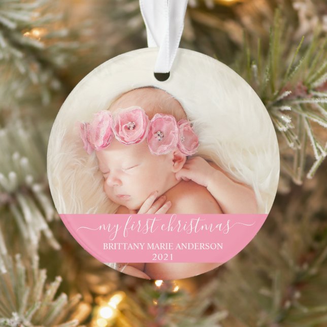 Stilvolles Script Pink Mein erstes Weihnachtskind Ornament (Baum)