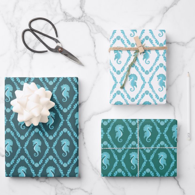 Stilvolles Seepferd Blue Nautical Gemustert Geschenkpapier Set (Vorderseite)