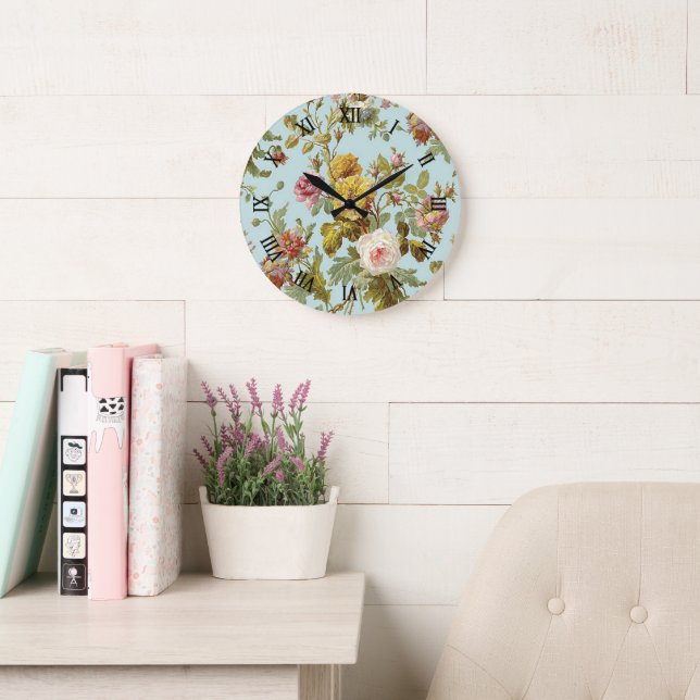 Stilvolles Shabby Chic Rosa Rose Blume Muster Große Wanduhr (Lesesaal)