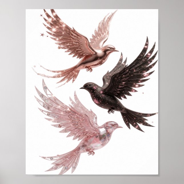 Stilvolles Silber-Drei Gesegnete Vögel Design Poster (Vorne)
