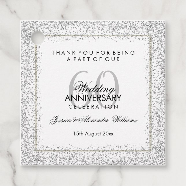Stilvolles Silver Confetti 60. Hochzeit Vielen Dan Geschenkanhänger (Vorderseite)