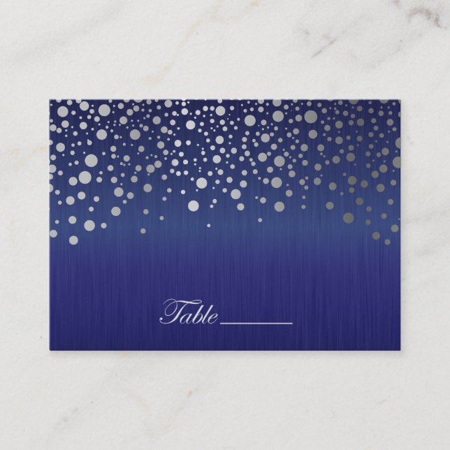 Stilvolles Silver Confetti Dots Sapphire Blue Platzkarte (Vorderseite)
