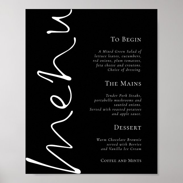 Stilvolles Skript Einfaches Black Wedding Menü Poster (Vorne)
