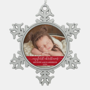 Stilvolles Skript Mein erstes Weihnachtskind Red Schneeflocken Zinn-Ornament