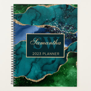 Stilvolles Teal, Grün & Gold Glitter Achat Monogra Planer
