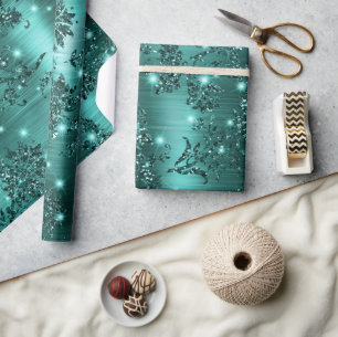 Stilvolles Teal-Schimmer-Glitter und Folien-Blumen Geschenkpapier
