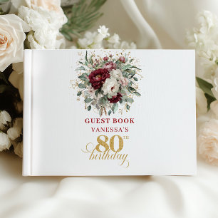 Stilvolles Tiefrotes Florales Gästebuch zum 80. Ge