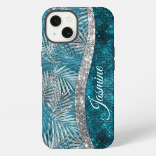 Stilvolles türkis silber glitzer Blätter Monogramm iPhone Hülle
