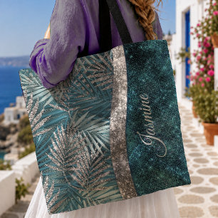 Stilvolles türkis-silbernes Glitter-Blatt-Monogram Tasche