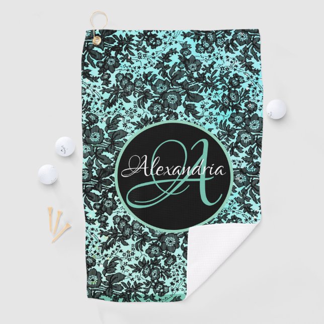 Stilvolles Türkisblau und Schwarz-Blütenmonogramm Golfhandtuch (Insitu)