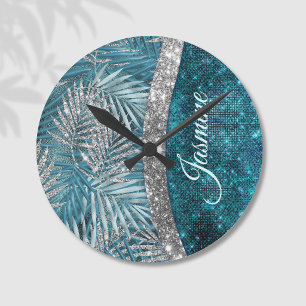 Stilvolles türkisfarbenes Silber-Glitter-Blatt-Mon Runde Wanduhr