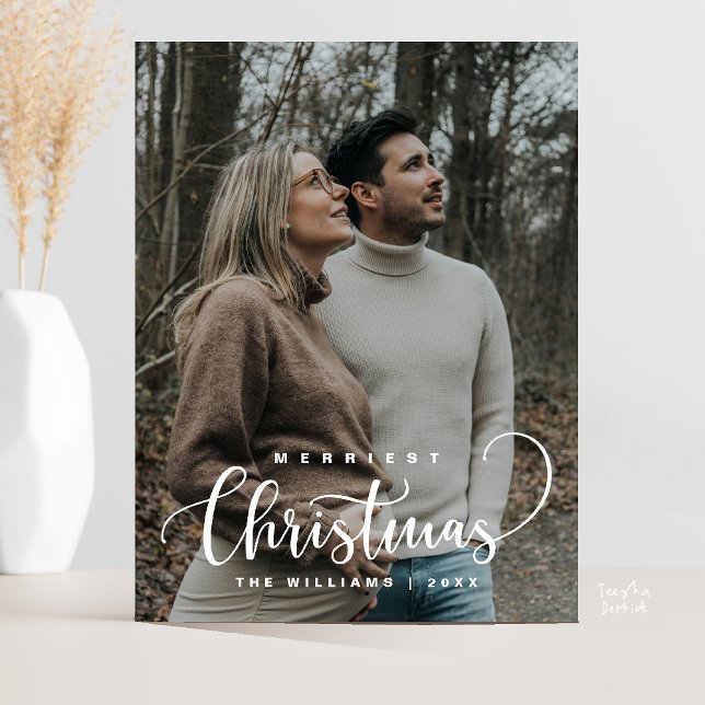 Stilvolles und rustikales, fröhliches Weihnachtsfa Postkarte (Stylish and Rustic, Modern Merry Christmas Family Photo Postcard in Grey and White)