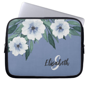 Stilvolles Wasserfarben-Blumenmonogramm Name Blau Laptopschutzhülle