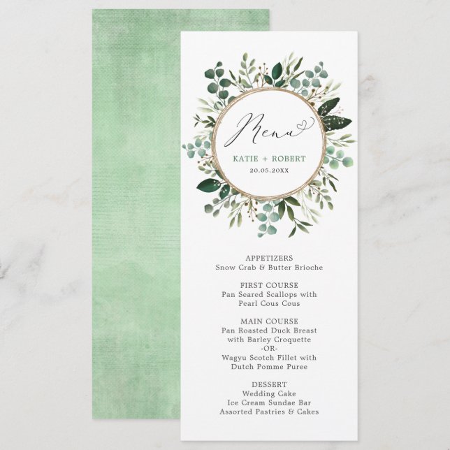 Stilvolles Watercolor Greenery Gold Wedding Menü Einladung (Vorne/Hinten)