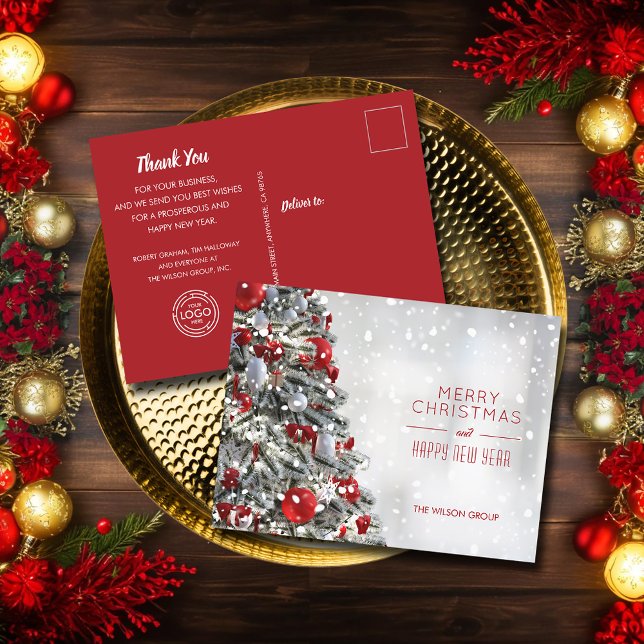 Stilvolles Weihnachtsbaumgeschäft Feiertagspostkarte (Stylish Christmas tree business holiday postcards with your logo on the back)