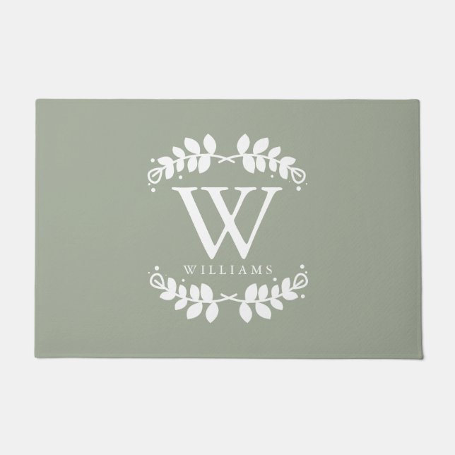 Stilvolles weises Grün-Familien-Monogramm Fußmatte (Vorderseite)