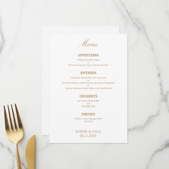 Stilvolles weißes Golden Beige Wedding Menu Menükarte (Vorderseite/Rückseite Beispiel)