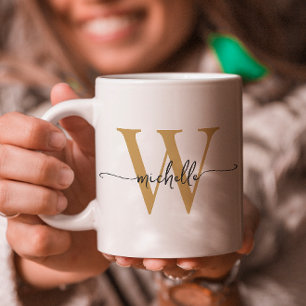 Stilvolles weißes und goldenes Monogramm Namenssch Kaffeetasse