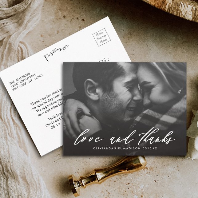 Stilvolles White Calligraphy Wedding Foto Vielen D Postkarte (Front & Back)