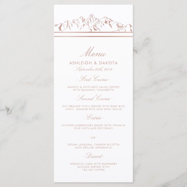 Stilvolles "White & Rose Gold Mountain Wedding Men Menükarte (Vorderseite)