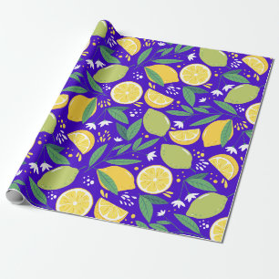 Stilvolles Zitrus Lemon Botanisches Muster in Blau Geschenkpapier