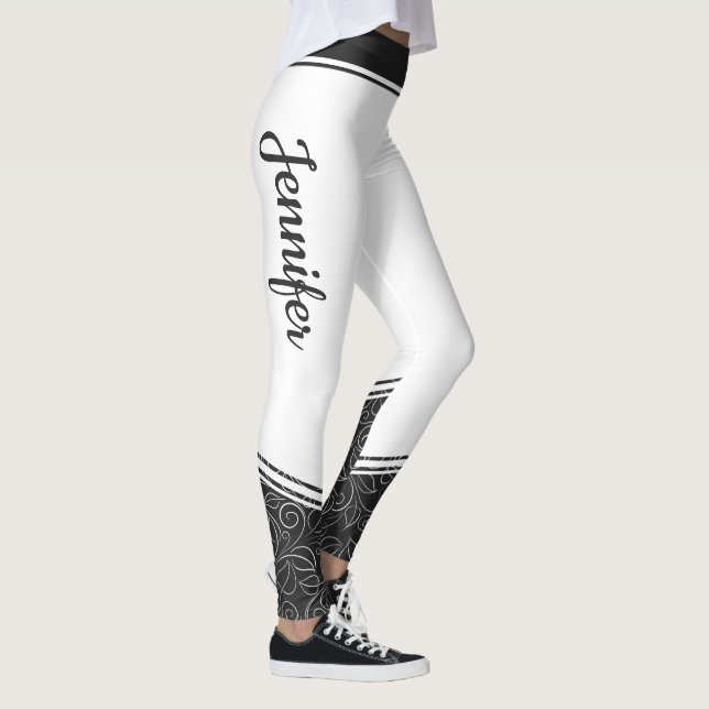 Stilweiss weiß mit schwarzem Blumen und Name moder Leggings (Rechts)