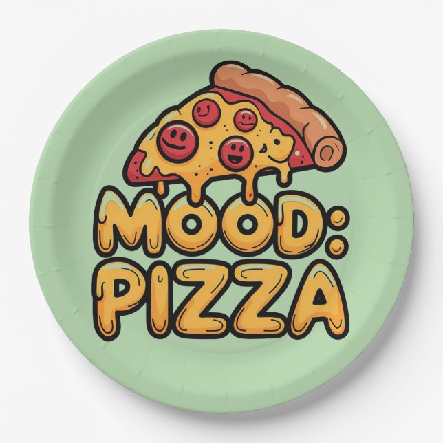 Stimmung: Pizza - Fun Cartoon Slice mit Happy Topp Pappteller (Vorderseite)