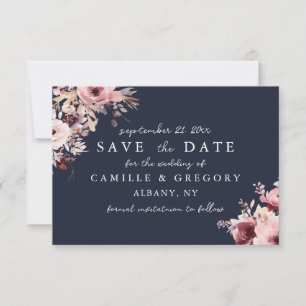 Stimmungsvolle Navy-Blau-Rosa-Blumen-Hochzeit Save The Date