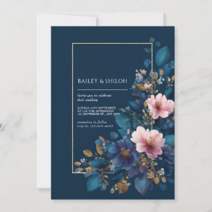 Stimmungsvolle Navy-Rosa-Blumen Hochzeit mit falsc Einladung
