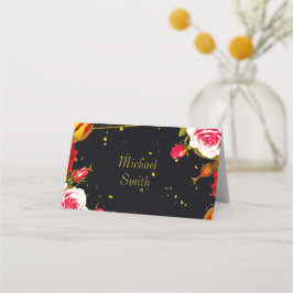 Stimmungsvolle schwarze florale goldene Folien-Hoc Platzkarte