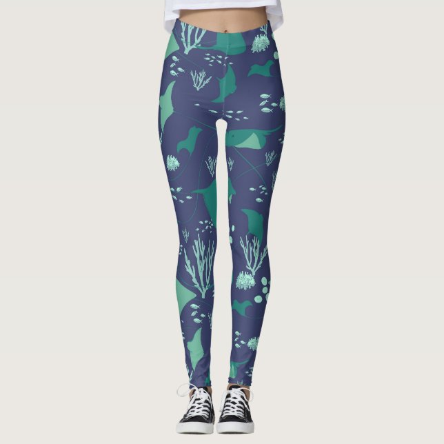 Stingray Marine Sea Life Deep Blue Pattern Leggings (Vorderseite)
