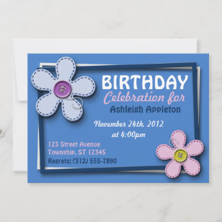 Stitched Blume Trendy Blue Birthday Einladungen