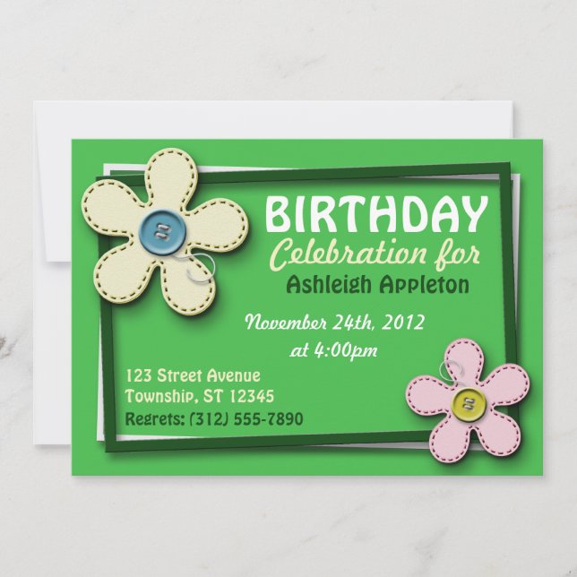Stitched Blume Trendy Green Birthday Einladungen (Vorderseite)