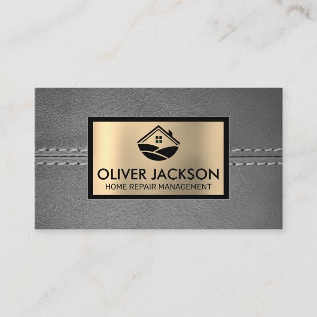 Stitched Gray Leather | Gold Metallic | Zuhause-Sy Visitenkarte (Vorderseite)