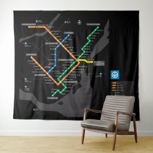 STM Montreal U-Bahn Karte Schwarzer Hintergrund HD Wandteppich