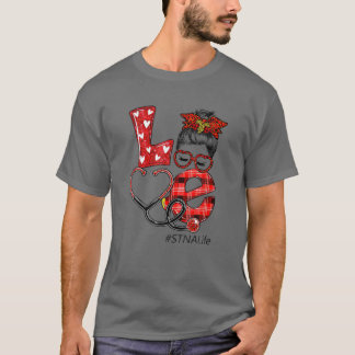 STNA Nurse Kariert Leopard Liebe Heart Messy Bun R T-Shirt
