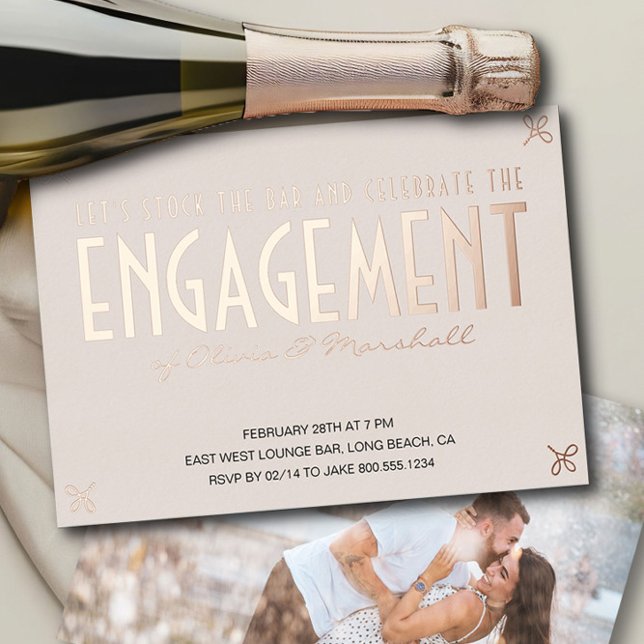 Stock die Bar Engagement Party Luxus-Rose Gold Folieneinladung (Rose Gold Foil Engagement Photo Invite from Engagement Party Invitations collection by Darling & May)