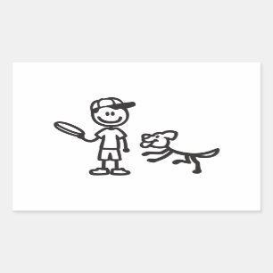 Stock-Mann und Hund, die Frisbee spielen Rechteckiger Aufkleber