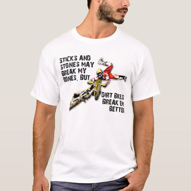 Stöcke und Stein-Schmutz-Fahrradmotocross-lustiges T-Shirt (Vorderseite)
