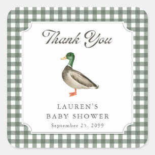 Stockente-Grün-Gingham-Baby-Shower-Dankeschön Quadratischer Aufkleber