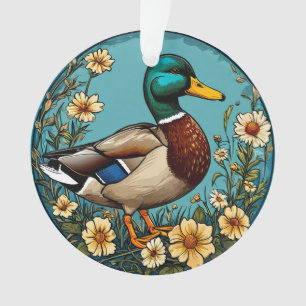 Stockente umgeben von lebendigen Blumen in einem S Ornament