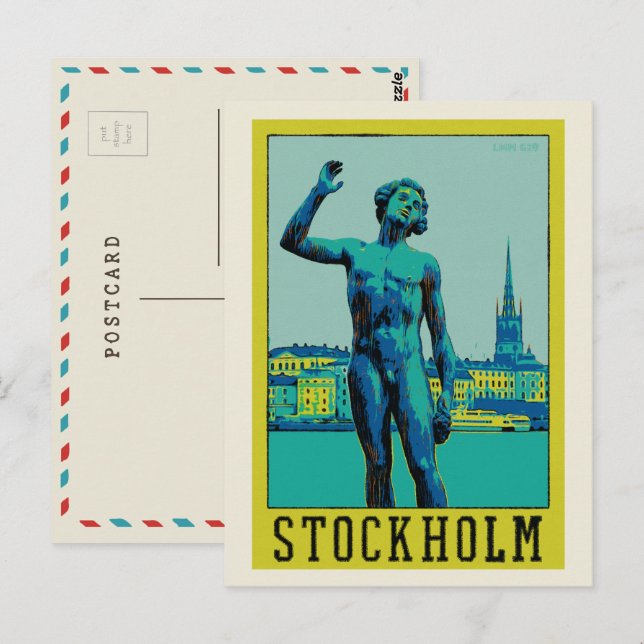 Stockholm Schweden, Statue am Ufer des Postauto Postkarte (Vorne/Hinten)