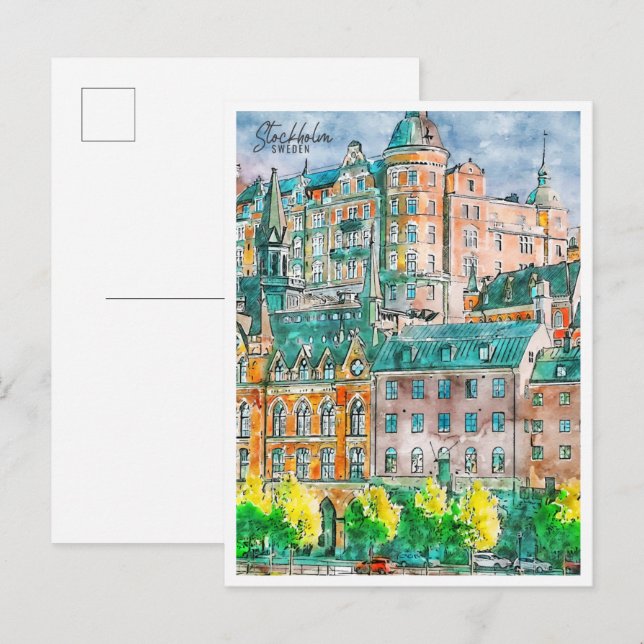 Stockholm Schweden Vintage Reise Aquarell Postkarte (Vorne/Hinten)