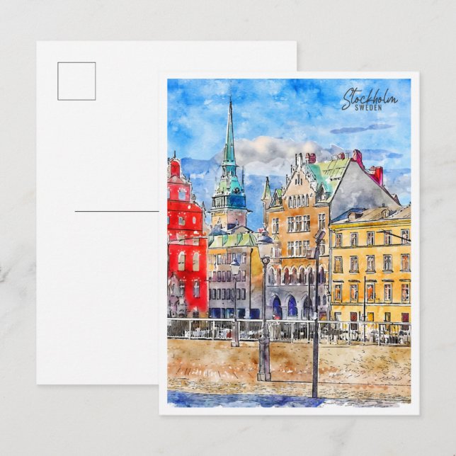Stockholm Schweden Vintage Reise Aquarell Postkarte (Vorne/Hinten)