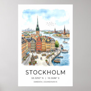 Stockholm-Stadtansicht-Druck Reihenhäuser und Kirc Poster