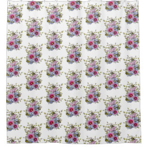 Stockrosen und Blaue Blumen mit Hummeln Duschvorhang